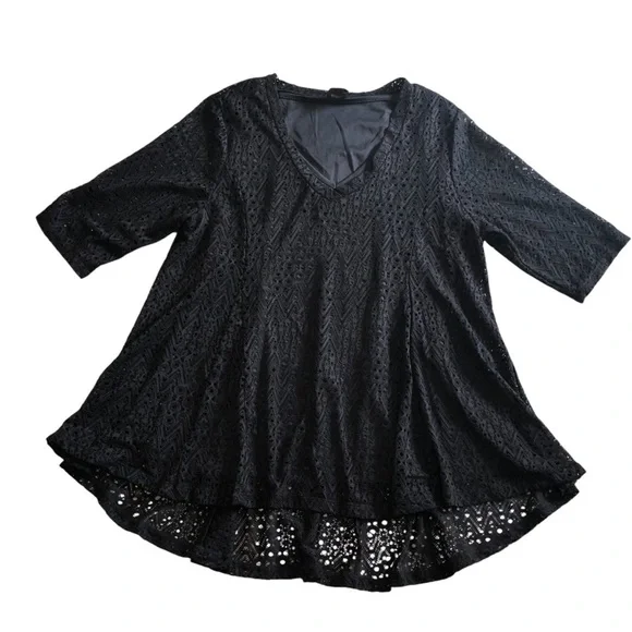 LaVanya Women’s Lace Eyelet Swing Top 1X Black Built-in Tank Top Half Sleeve - Picture 1 of 8